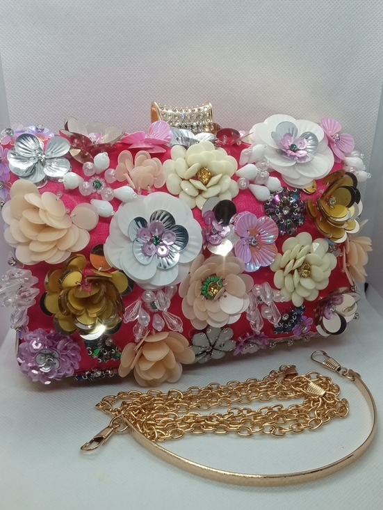 Handbags - FUSCHIA SATIN FLORAL BEAD BAG